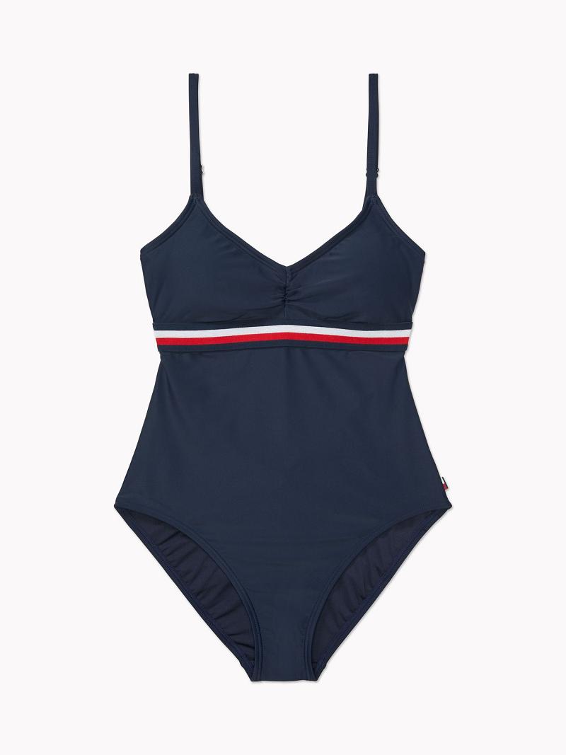 Női Tommy Hilfiger Stripe Cut-Out One-Piece Úszóruhák Kék | HU 430NWY